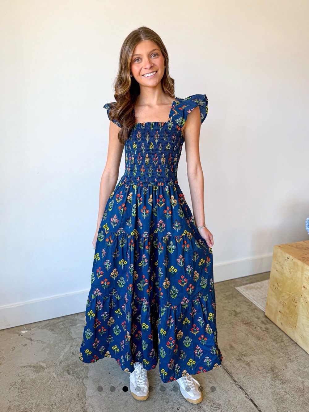 entro Navy Floral Smocked Midi Dress - Picture 2 of 10